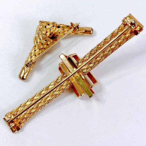 VTG Set of 2 Brooches 50s 60s Gold Tone Mesh Knot & Bar Mid Century Sculptural - Picture 7 of 12